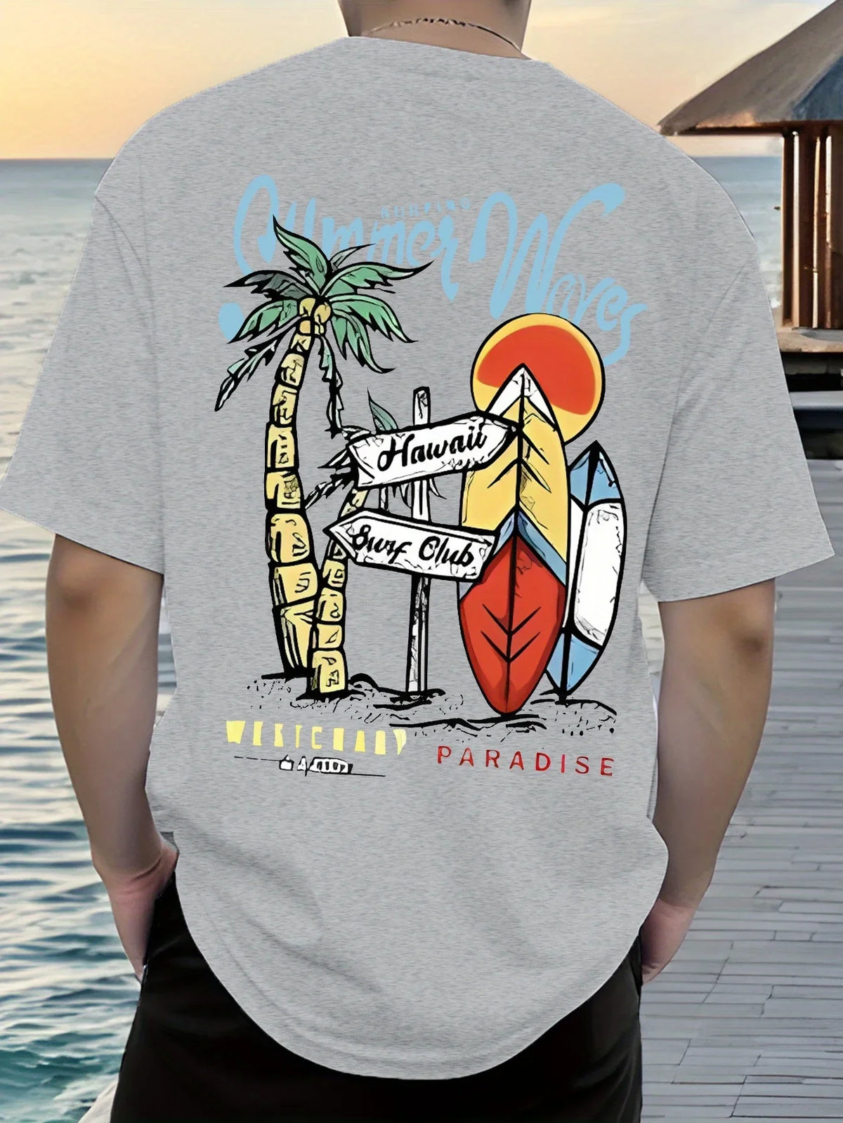 2026 Men's 100% Cotton Summer Waves Hawaii Surf Print T-Shirt White Short Sleeve Casual Tee For Beach & Surf Fans