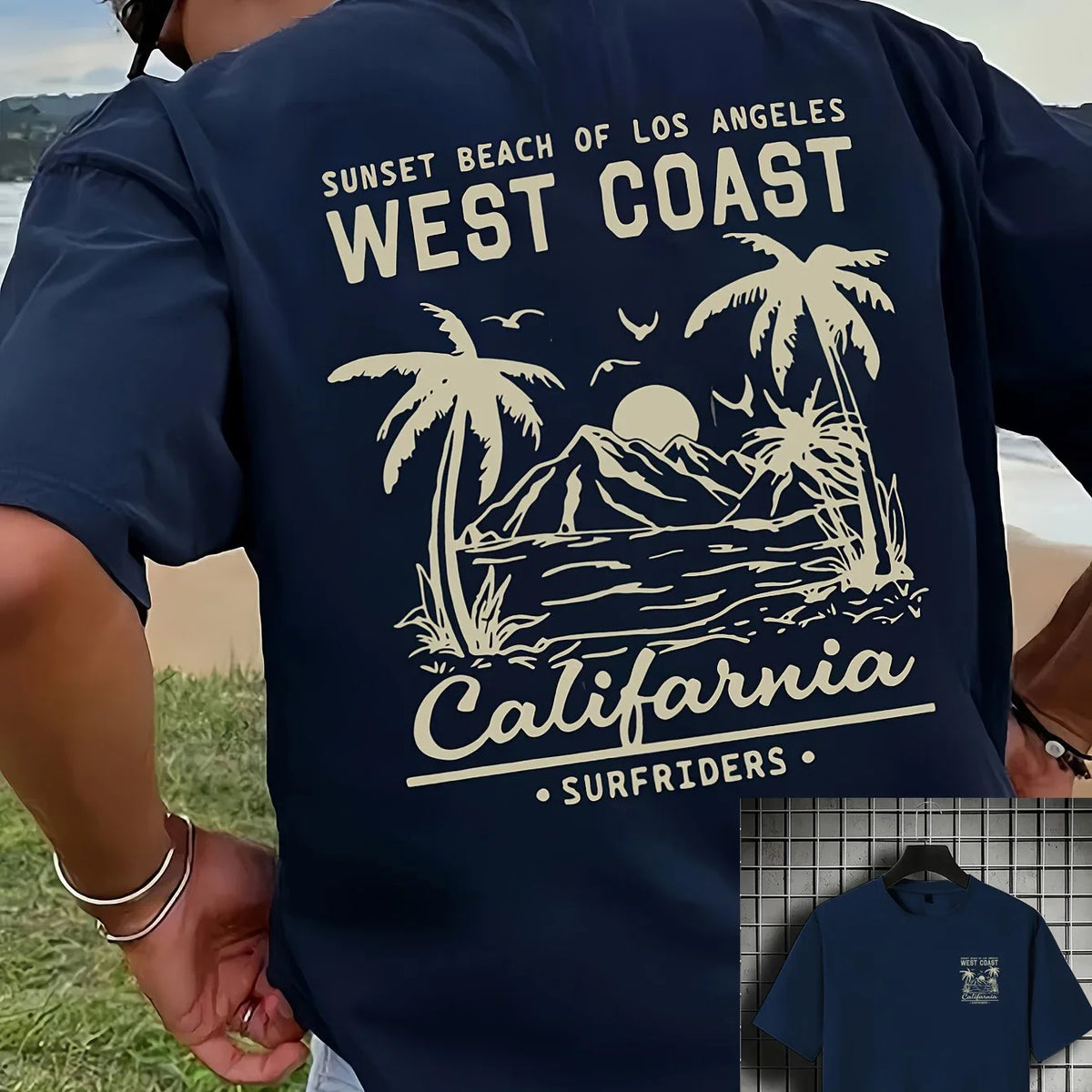 Men's Cotton Casual Loose Retro California Beach Surfing Pattern Printed Round Neck Short Sleeved T-shirt Top