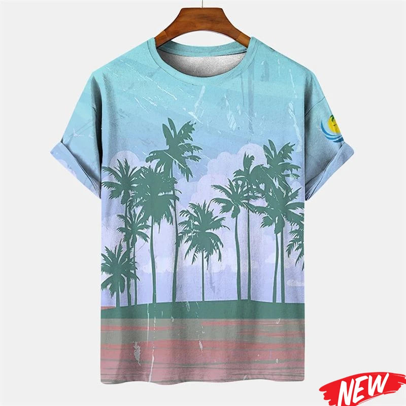 New Palm Tree Graphic Men's T-shirt Hawaiian Summer Beach T Shirt Casual Round Neck Short Sleeve Tops Street Loose Tee Shirts