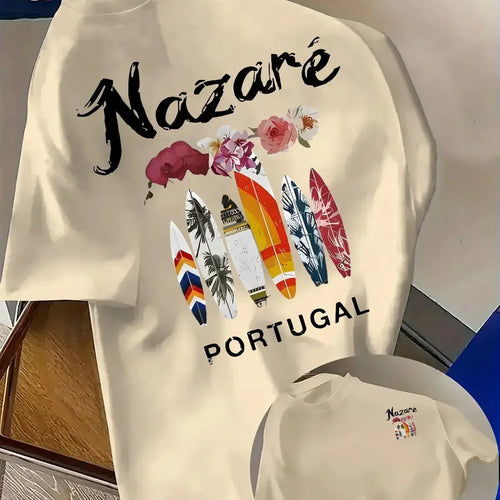 100% Cotton Men's Printed T-Shirt Portugal Nazaré Surfboard Pattern Casual Beach Sports Crew Neck T-Shirt