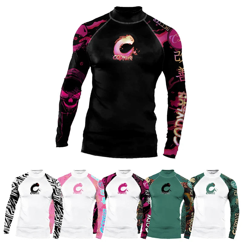High Elasticity Couple UPF 50+ Long Sleeve Rash Guard Men Quick Dry Surf Shirt Sun Protection Swimwear for Swimming Beach Sports