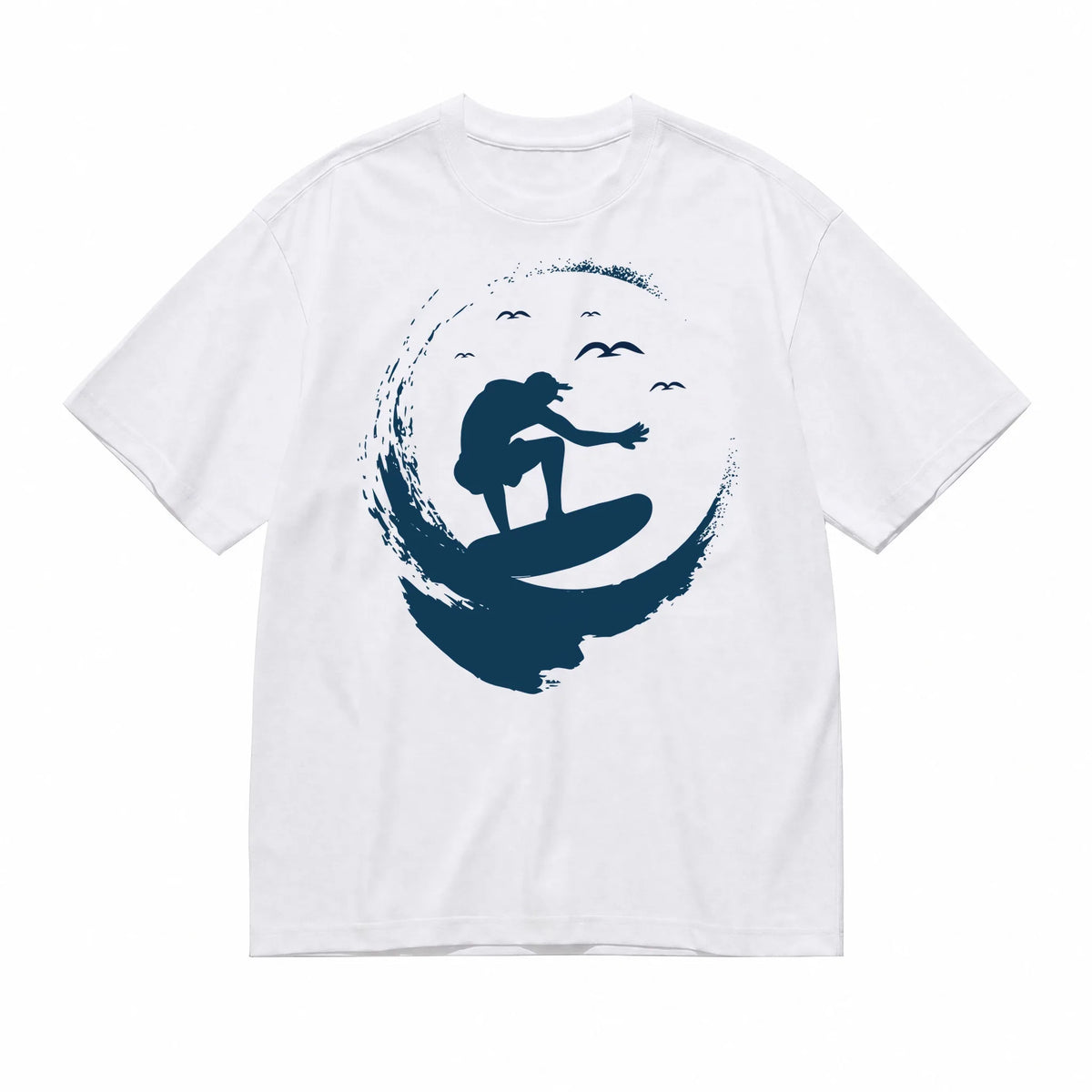Men's White Loose-Fitting Round-Neck Short-Sleeved T-Shirt with Surf Pattern Print, Casual Street Style, Breathable and Comfortable for Everyday Wear and Beach Outings