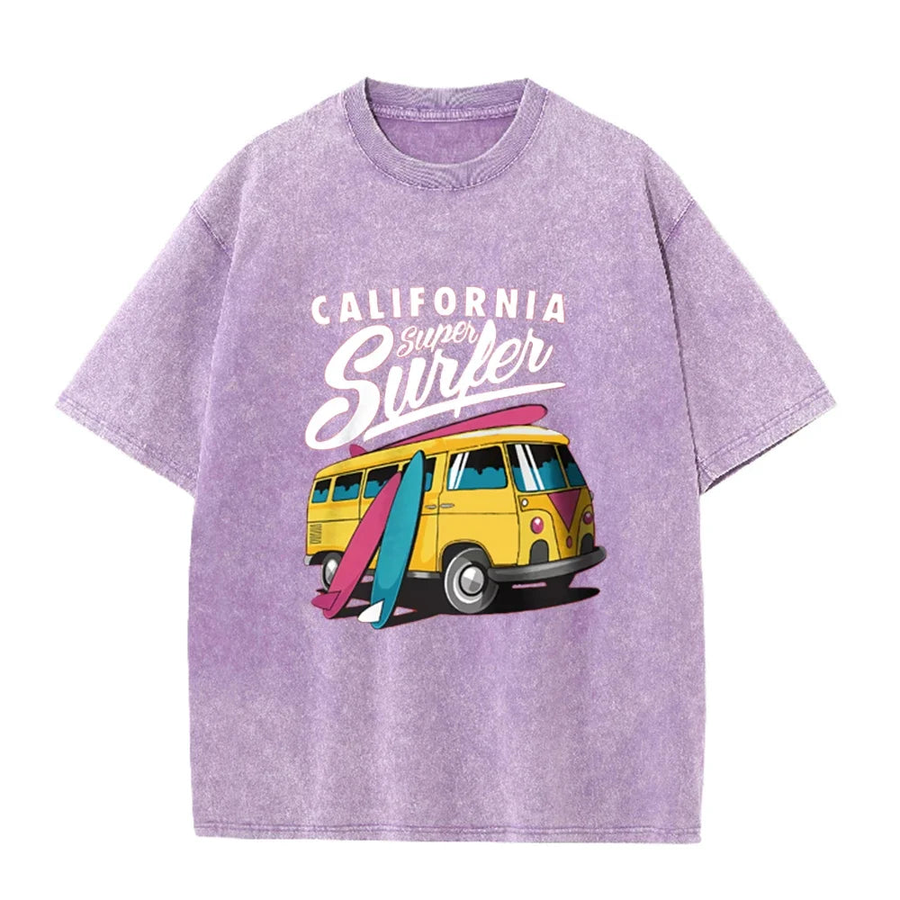 2026 California Super Surfer Van T Shirt Vintage Washed Pink Retro Graphic Tee Unisex Casual Beach Top