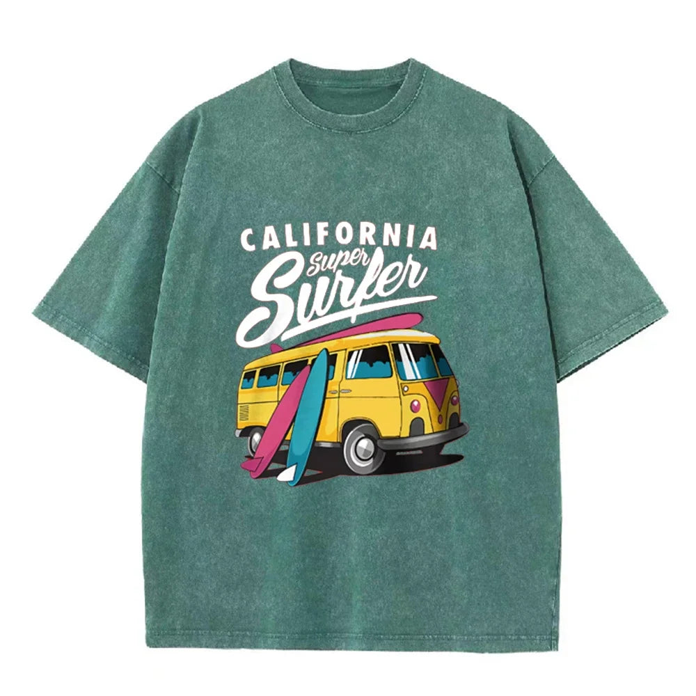 2026 California Super Surfer Van T Shirt Vintage Washed Pink Retro Graphic Tee Unisex Casual Beach Top