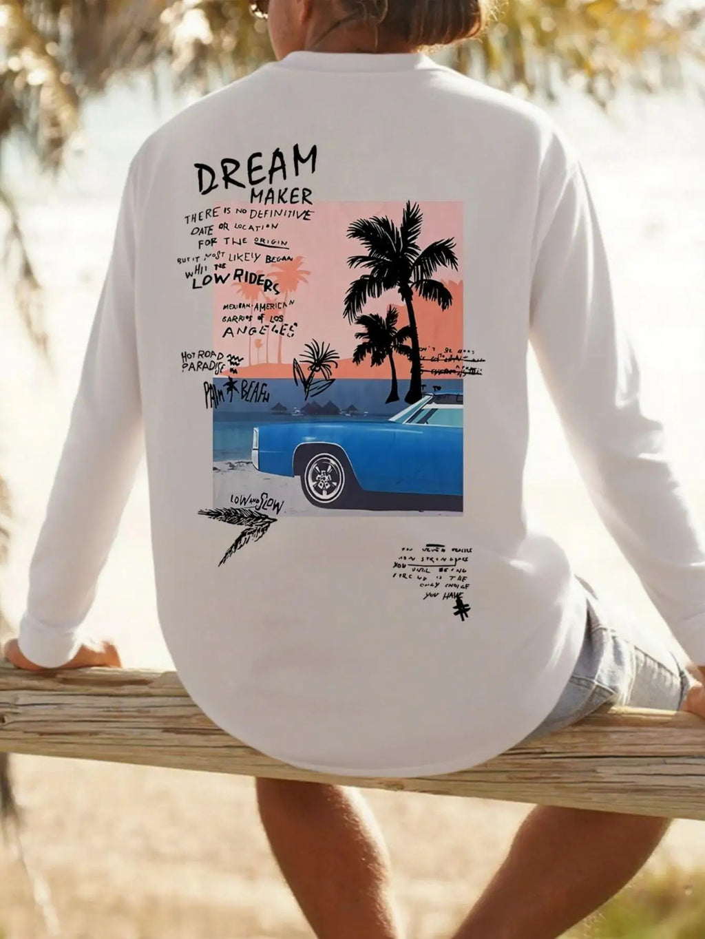 Men's California Surf and beach pattern long-sleeved T-shirt with sunset palm trees and surf prints casual retro summer top