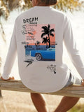 Men's California Surf and beach pattern long-sleeved T-shirt with sunset palm trees and surf prints casual retro summer top