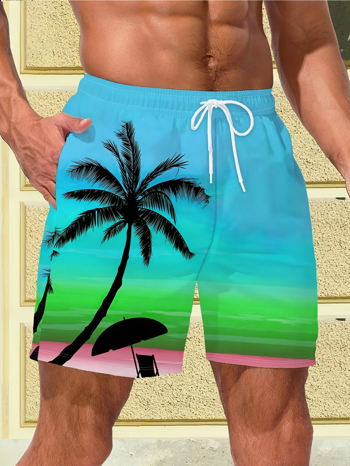 2026 New Harajuku-Style Coconut Tree Print Beach Shorts Summer Mens Palm Tree Gradient Surf Shorts Hawaiian-Inspired Cool Trunks