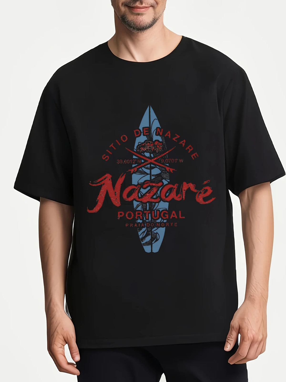Vintage Portuguese Surf Surfing Nazaré Wave & Surfboard T-Shirt 100% Cotton O-Neck Short Sleeve Summer Casual Mens T-shirt
