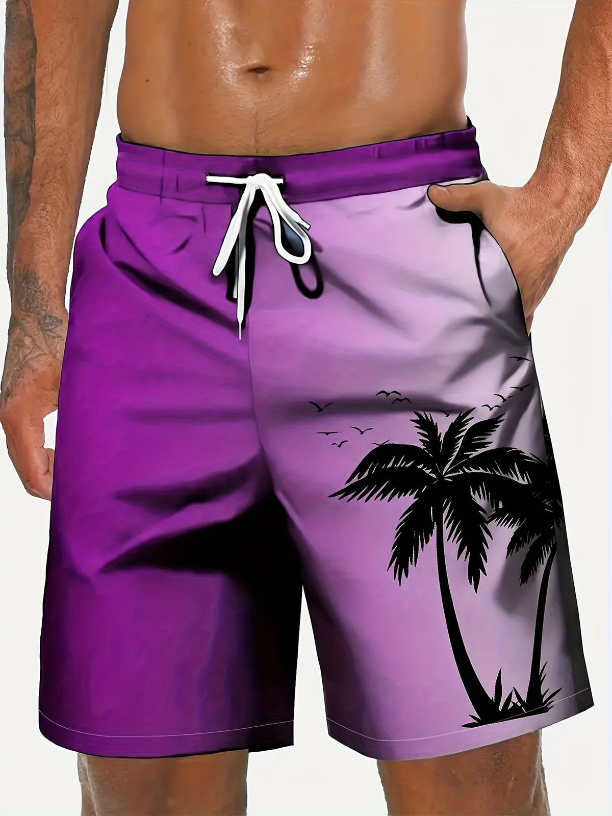 2026 New Harajuku-Style Coconut Tree Print Beach Shorts Summer Mens Palm Tree Gradient Surf Shorts Hawaiian-Inspired Cool Trunks