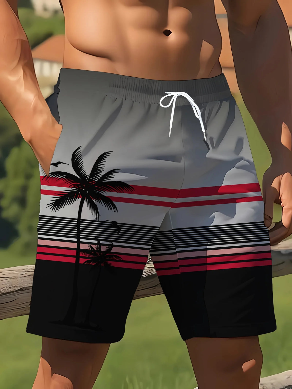 2026 New Harajuku-Style Coconut Tree Print Beach Shorts Summer Mens Palm Tree Gradient Surf Shorts Hawaiian-Inspired Cool Trunks