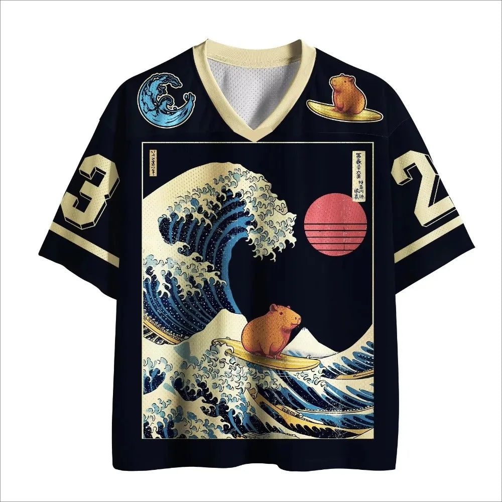 Retro Japanese Ukiyo-e Wave 3D Print Sport Quickdry Breatha Men V-Neck T-Shirt Street  Fashion Hip-Hop Y2K parent-child clothing