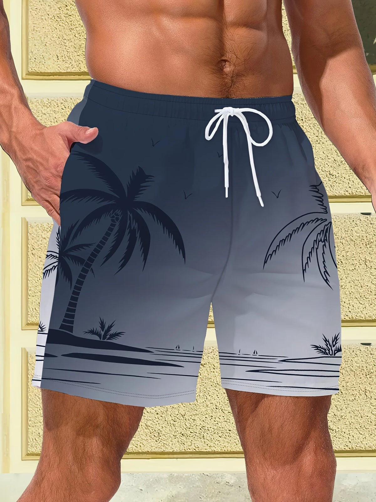 2026 New Harajuku-Style Coconut Tree Print Beach Shorts Summer Mens Palm Tree Gradient Surf Shorts Hawaiian-Inspired Cool Trunks