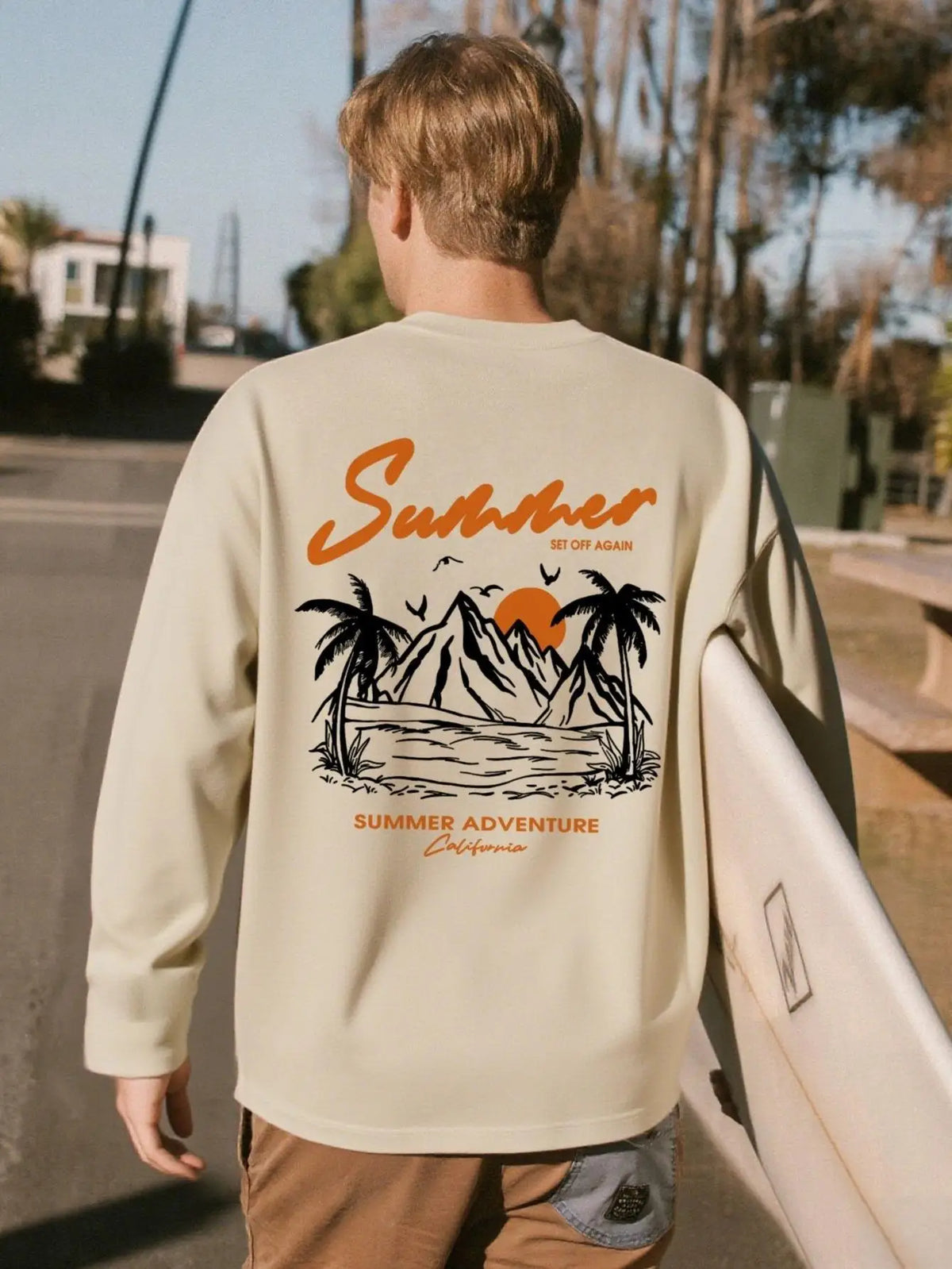 Men's California Surf and beach pattern long-sleeved T-shirt with sunset palm trees and surf prints casual retro summer top