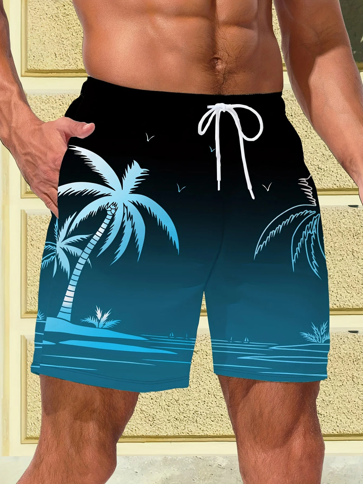 2026 New Harajuku-Style Coconut Tree Print Beach Shorts Summer Mens Palm Tree Gradient Surf Shorts Hawaiian-Inspired Cool Trunks