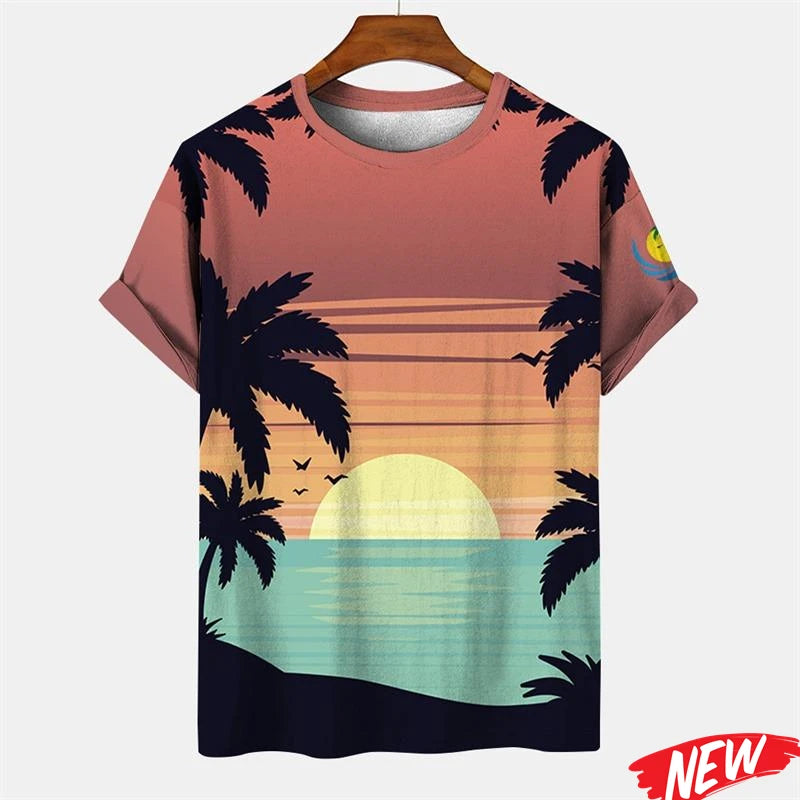 New Palm Tree Graphic Men's T-shirt Hawaiian Summer Beach T Shirt Casual Round Neck Short Sleeve Tops Street Loose Tee Shirts