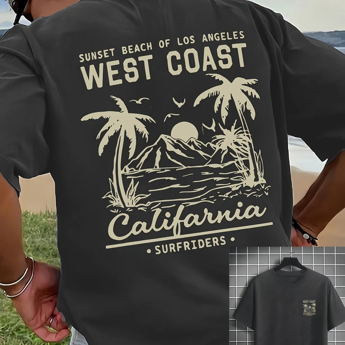 Men's Cotton Casual Loose Retro California Beach Surfing Pattern Printed Round Neck Short Sleeved T-shirt Top