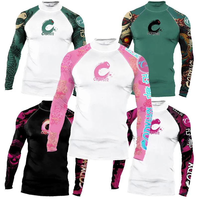 High Elasticity Couple UPF 50+ Long Sleeve Rash Guard Men Quick Dry Surf Shirt Sun Protection Swimwear for Swimming Beach Sports