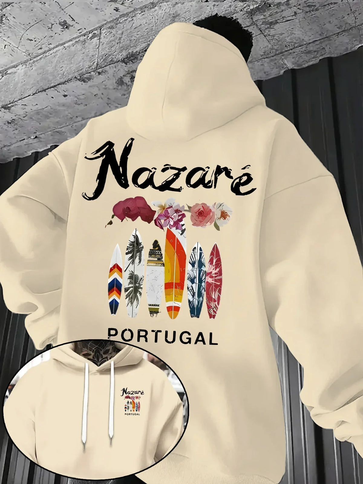 Beach Surf Nazare Portugal Hoodie Floral Surfboard Graphic Sweatshirt Unisex Vacation Retro Streetwear  Trendy Daily Tops