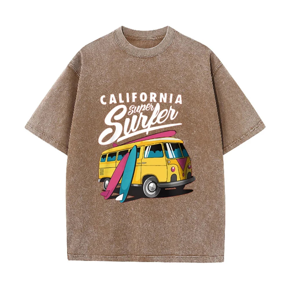 2026 California Super Surfer Van T Shirt Vintage Washed Pink Retro Graphic Tee Unisex Casual Beach Top