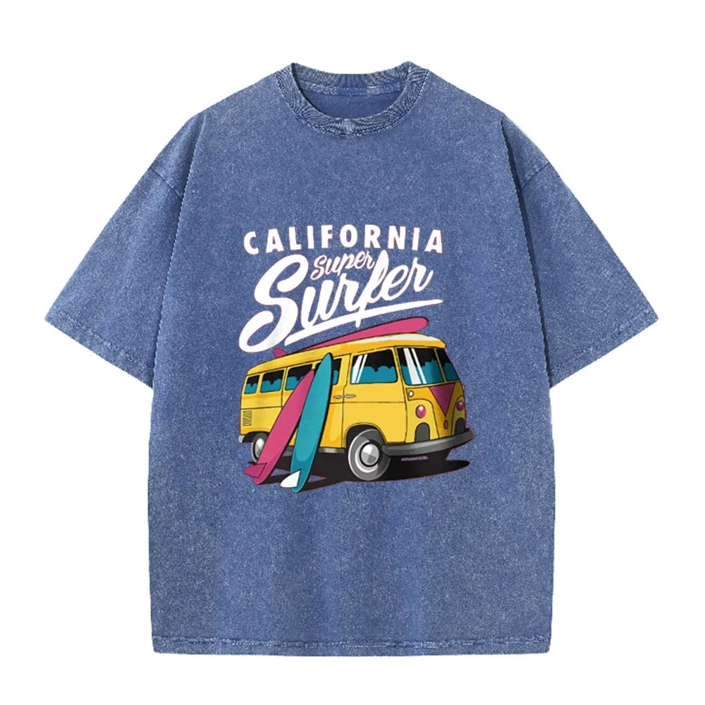 2026 California Super Surfer Van T Shirt Vintage Washed Pink Retro Graphic Tee Unisex Casual Beach Top