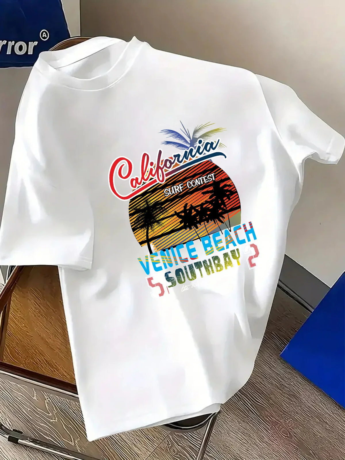 California Venice Beach Surf Contest Graphic T Shirt Men Front Print Retro Palm Sunset Beach 100% Cotton Casual Short Sleeve Tee