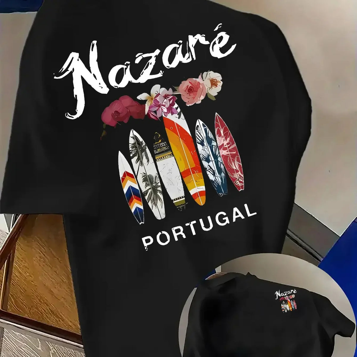 100% Cotton Men's Printed T-Shirt Portugal Nazaré Surfboard Pattern Casual Beach Sports Crew Neck T-Shirt