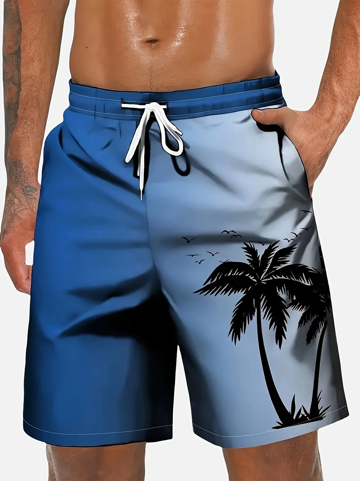 2026 New Harajuku-Style Coconut Tree Print Beach Shorts Summer Mens Palm Tree Gradient Surf Shorts Hawaiian-Inspired Cool Trunks