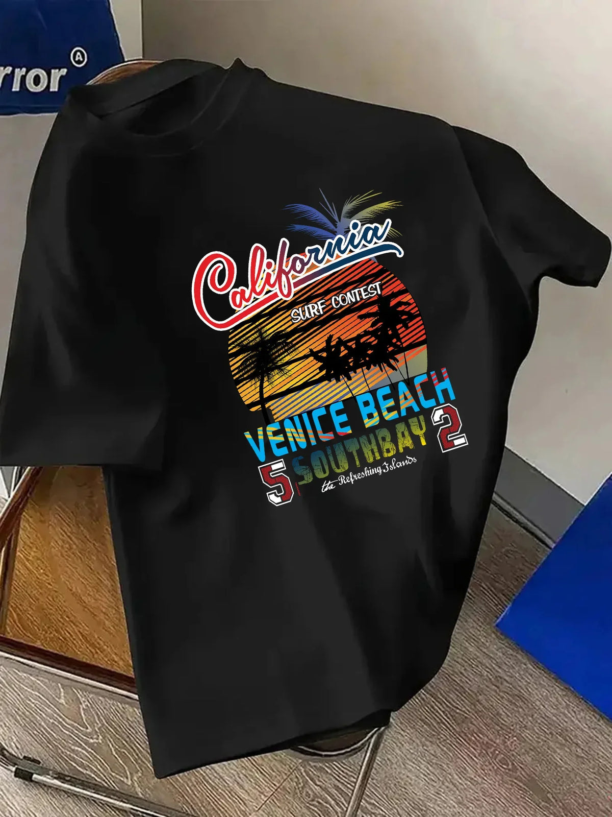 California Venice Beach Surf Contest Graphic T Shirt Men Front Print Retro Palm Sunset Beach 100% Cotton Casual Short Sleeve Tee