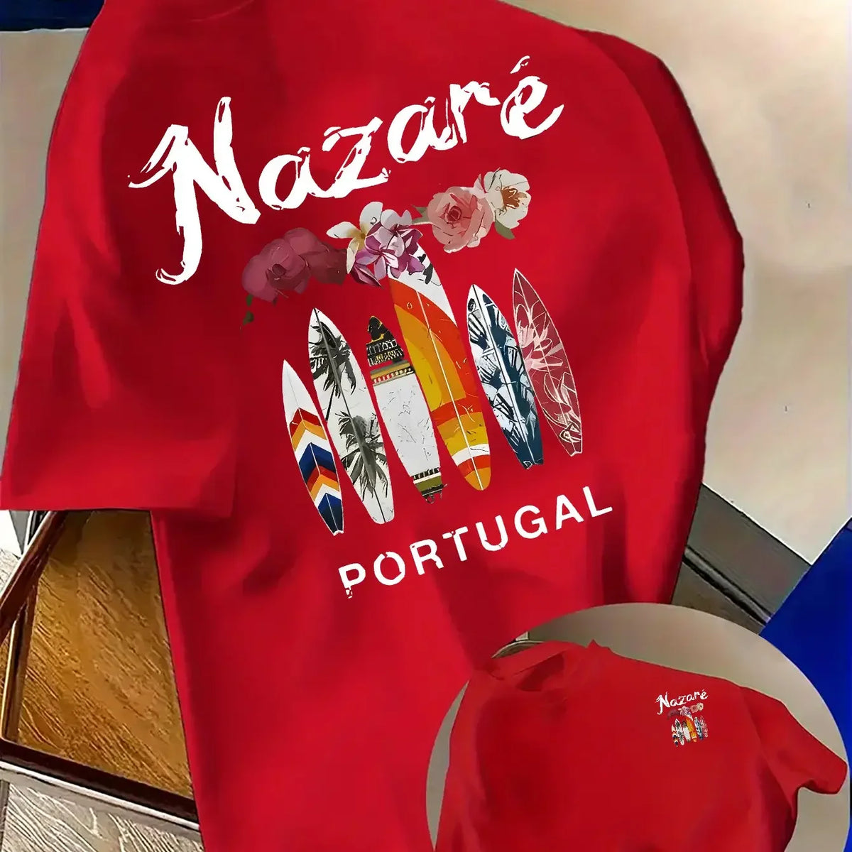 100% Cotton Men's Printed T-Shirt Portugal Nazaré Surfboard Pattern Casual Beach Sports Crew Neck T-Shirt