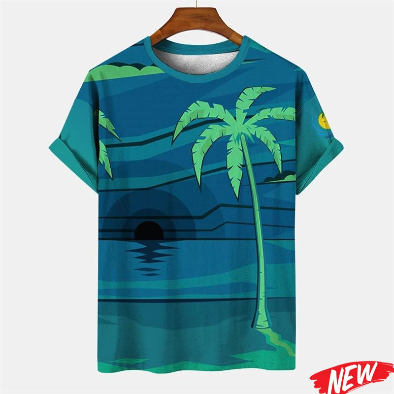 New Palm Tree Graphic Men's T-shirt Hawaiian Summer Beach T Shirt Casual Round Neck Short Sleeve Tops Street Loose Tee Shirts