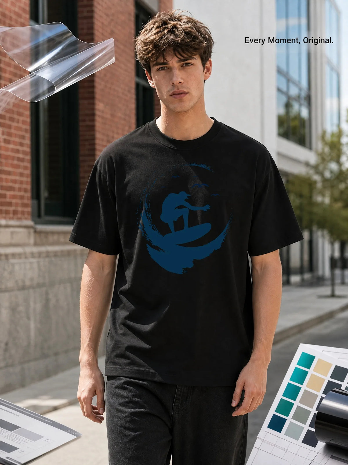 Men's White Loose-Fitting Round-Neck Short-Sleeved T-Shirt with Surf Pattern Print, Casual Street Style, Breathable and Comfortable for Everyday Wear and Beach Outings