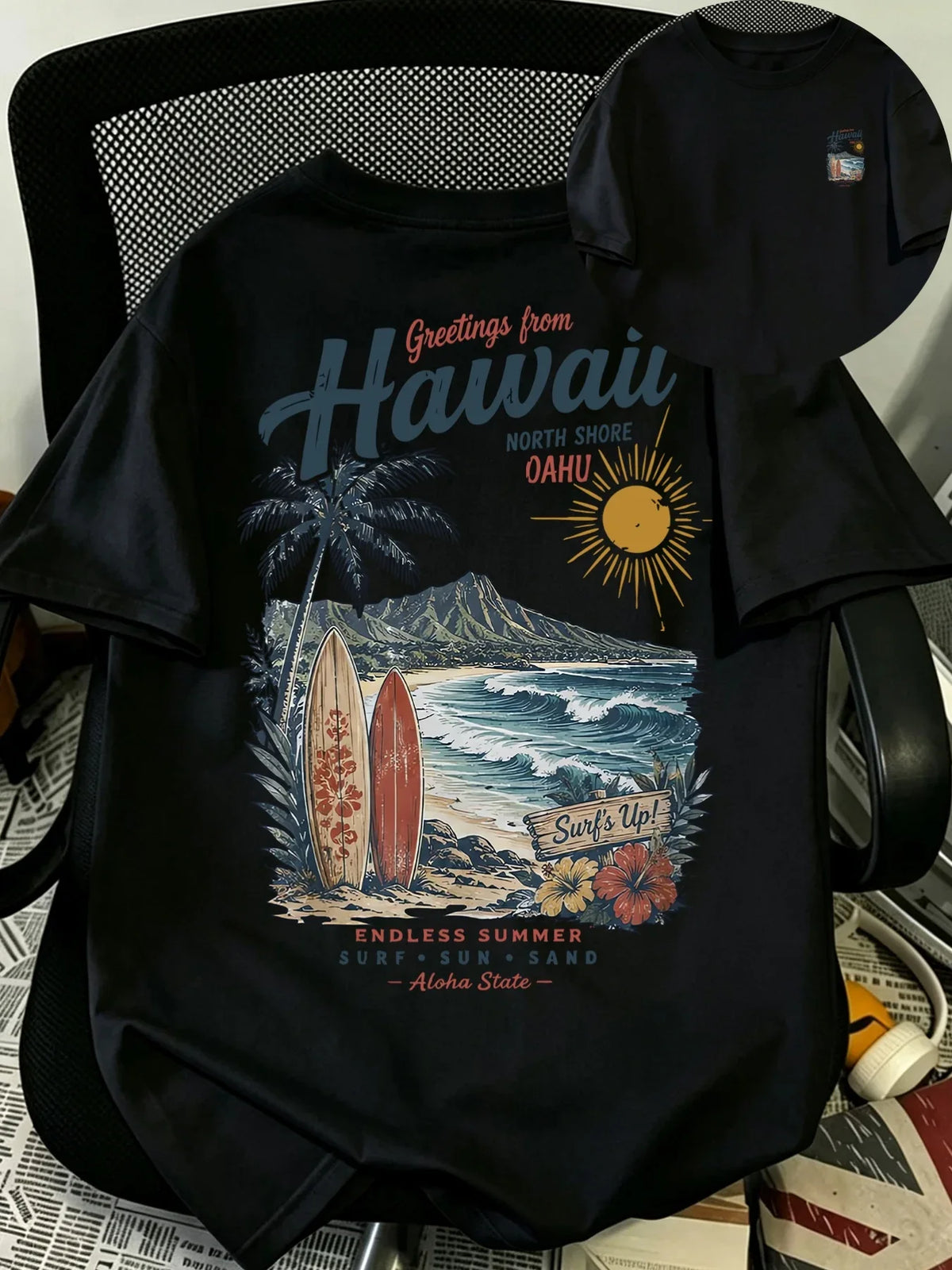 Men's Hawaii Surf T Shirt 100% Cotton Tropical Beach Palm Tree Graphic Print Vintage Vacation Streetwear Oversized Summer Tee