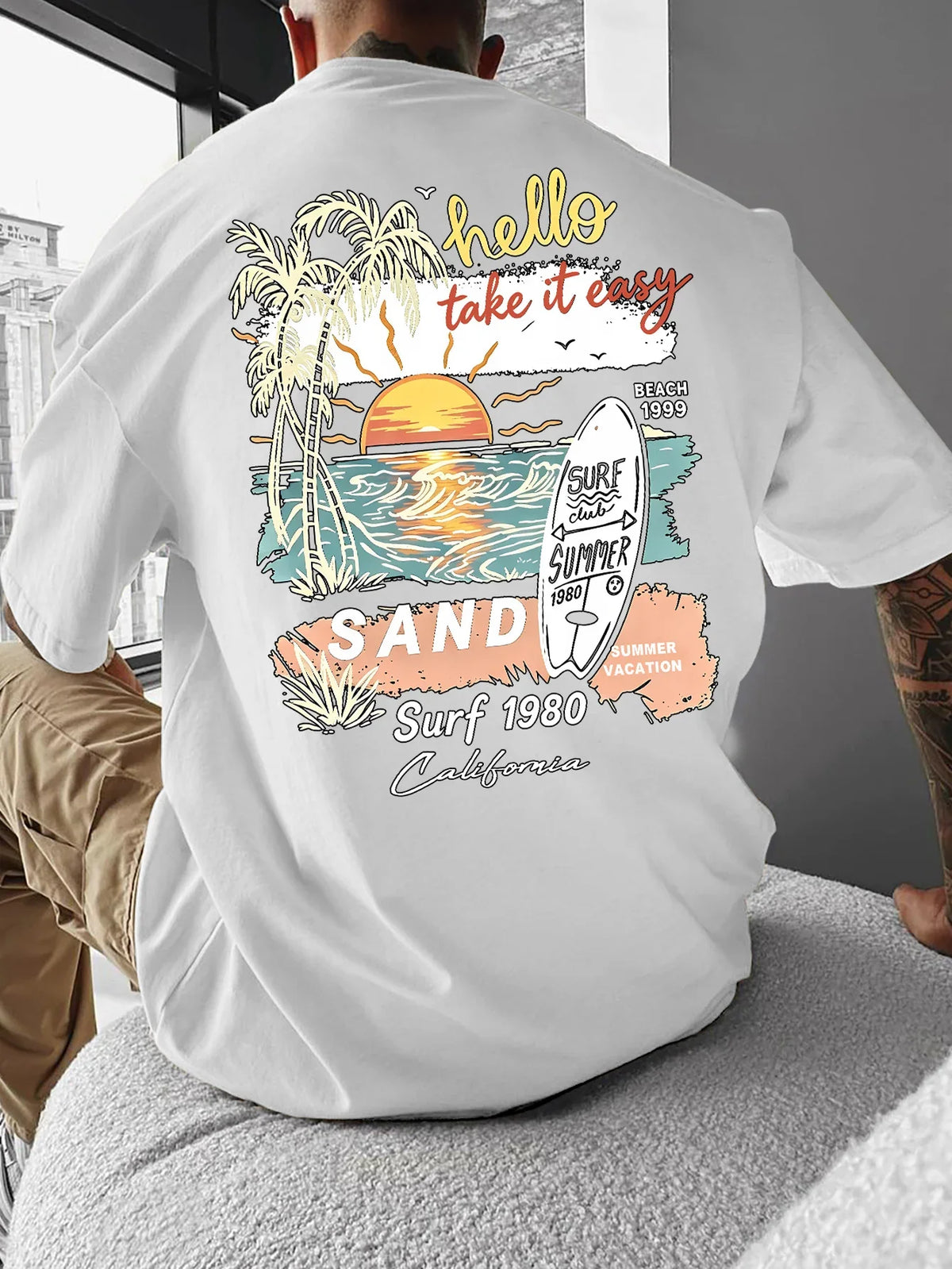 Men California Surf T Shirt Cotton Sunset Palm Tree Beach Graphic Print Oversized Vintage Streetwear Casual Short Sleeve Tee