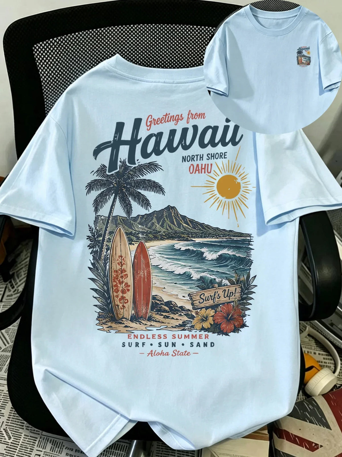 Men's Hawaii Surf T Shirt 100% Cotton Tropical Beach Palm Tree Graphic Print Vintage Vacation Streetwear Oversized Summer Tee