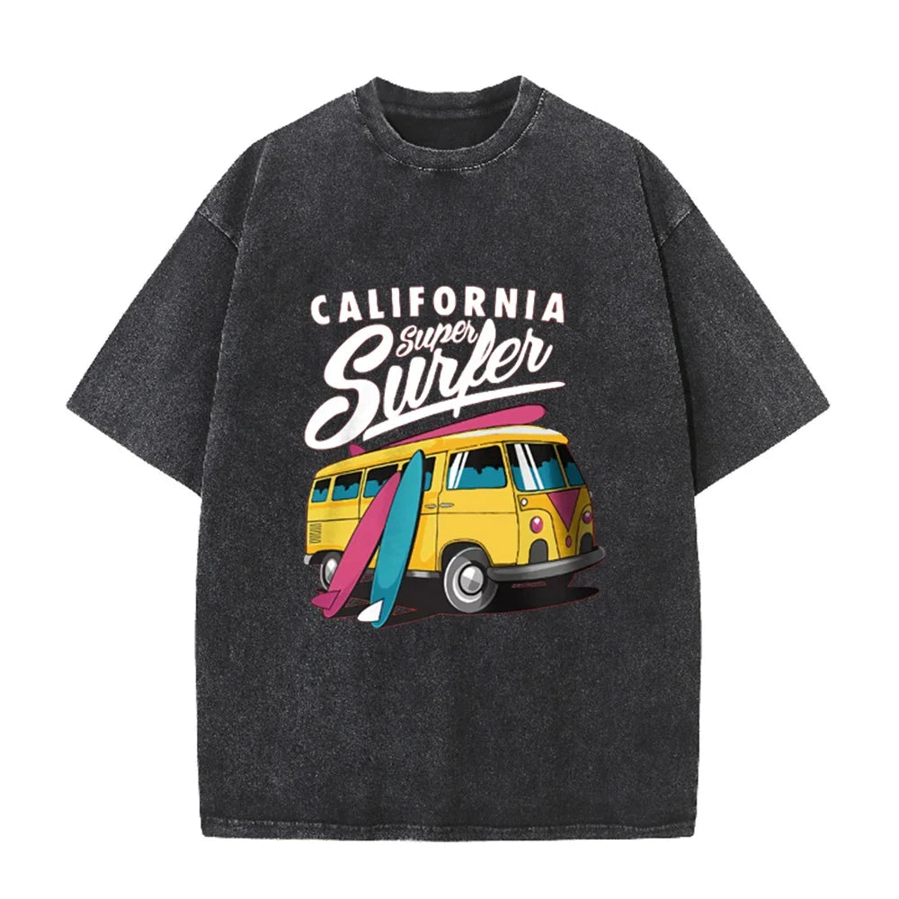2026 California Super Surfer Van T Shirt Vintage Washed Pink Retro Graphic Tee Unisex Casual Beach Top