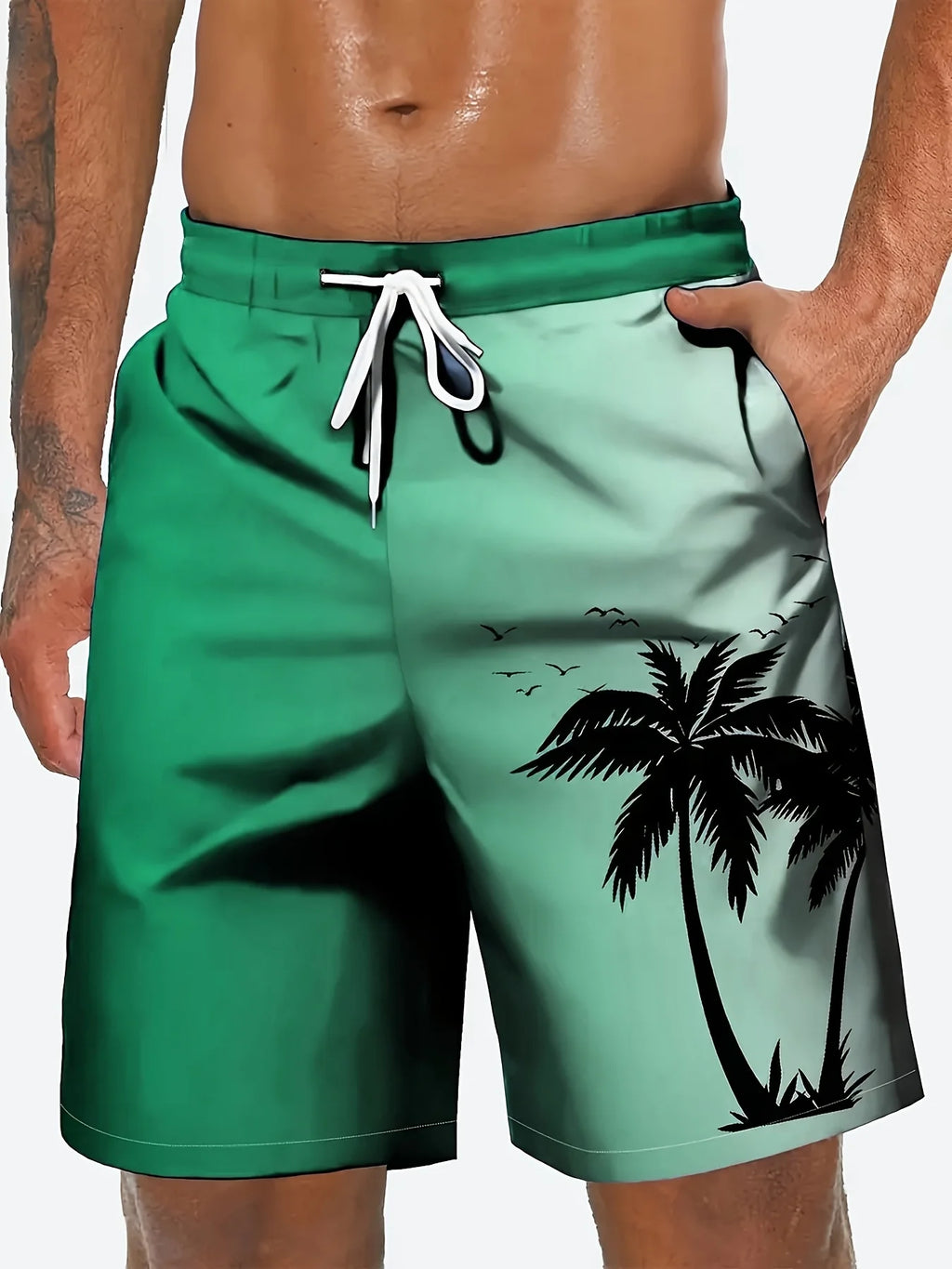 2026 New Harajuku-Style Coconut Tree Print Beach Shorts Summer Mens Palm Tree Gradient Surf Shorts Hawaiian-Inspired Cool Trunks
