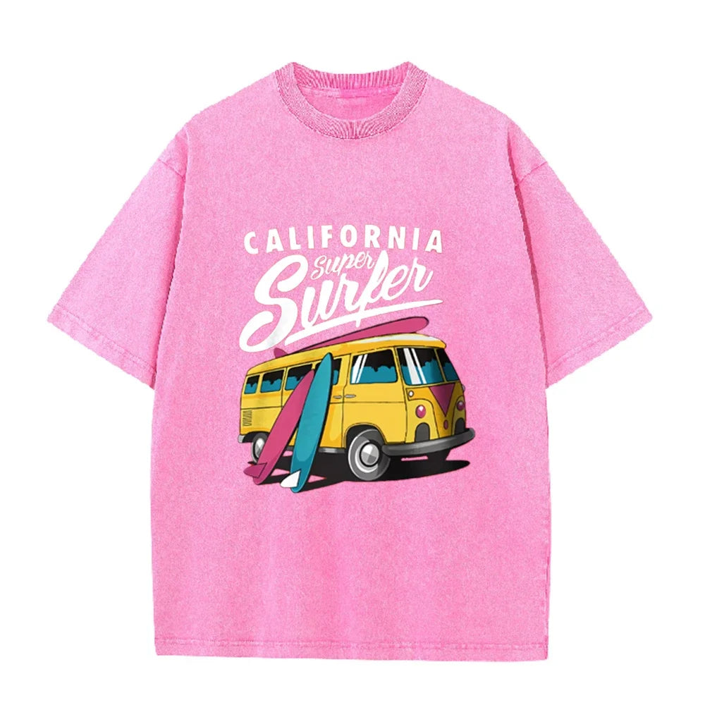 2026 California Super Surfer Van T Shirt Vintage Washed Pink Retro Graphic Tee Unisex Casual Beach Top