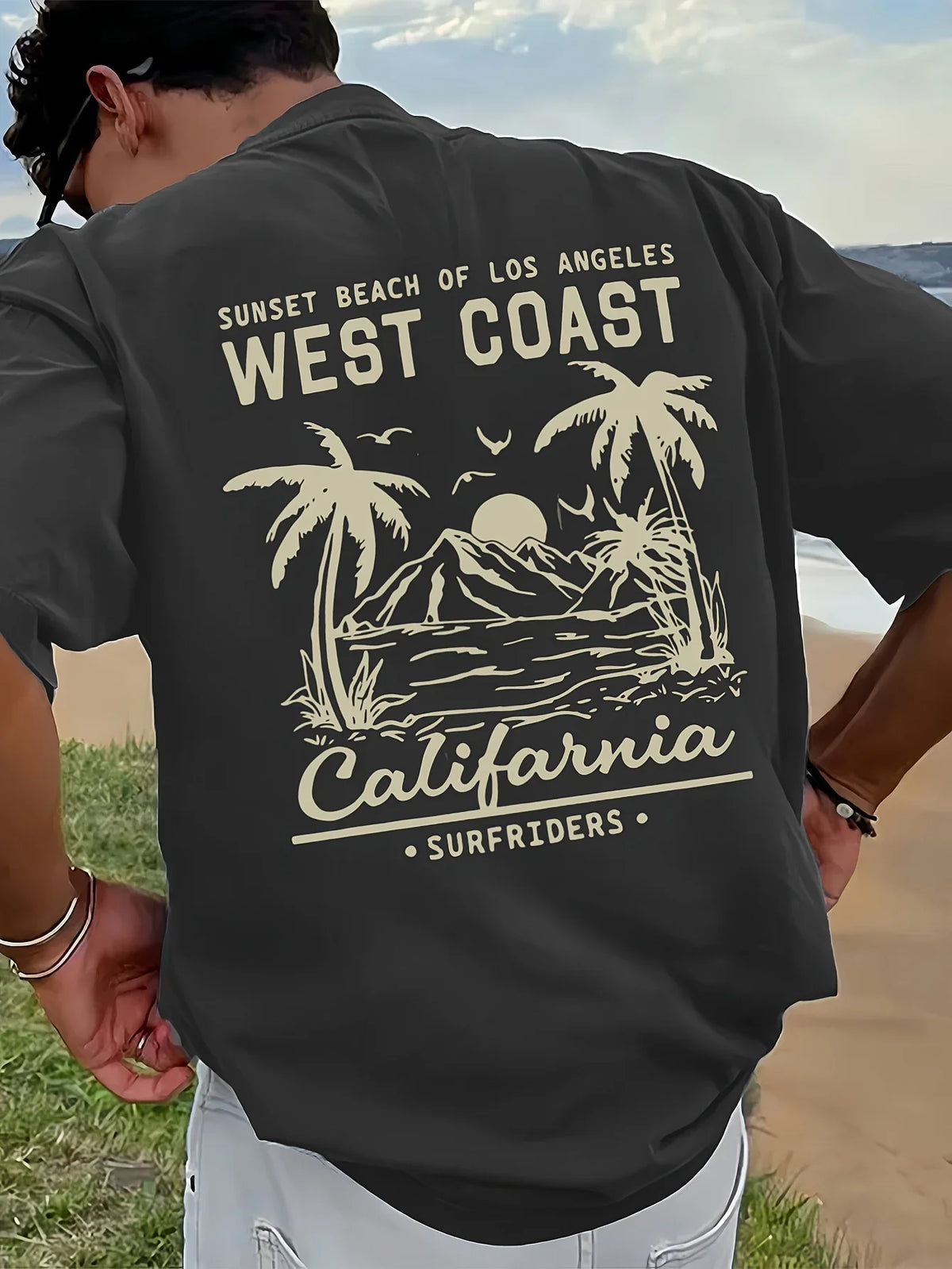 Men's Cotton Casual Loose Retro California Beach Surfing Pattern Printed Round Neck Short Sleeved T-shirt Top