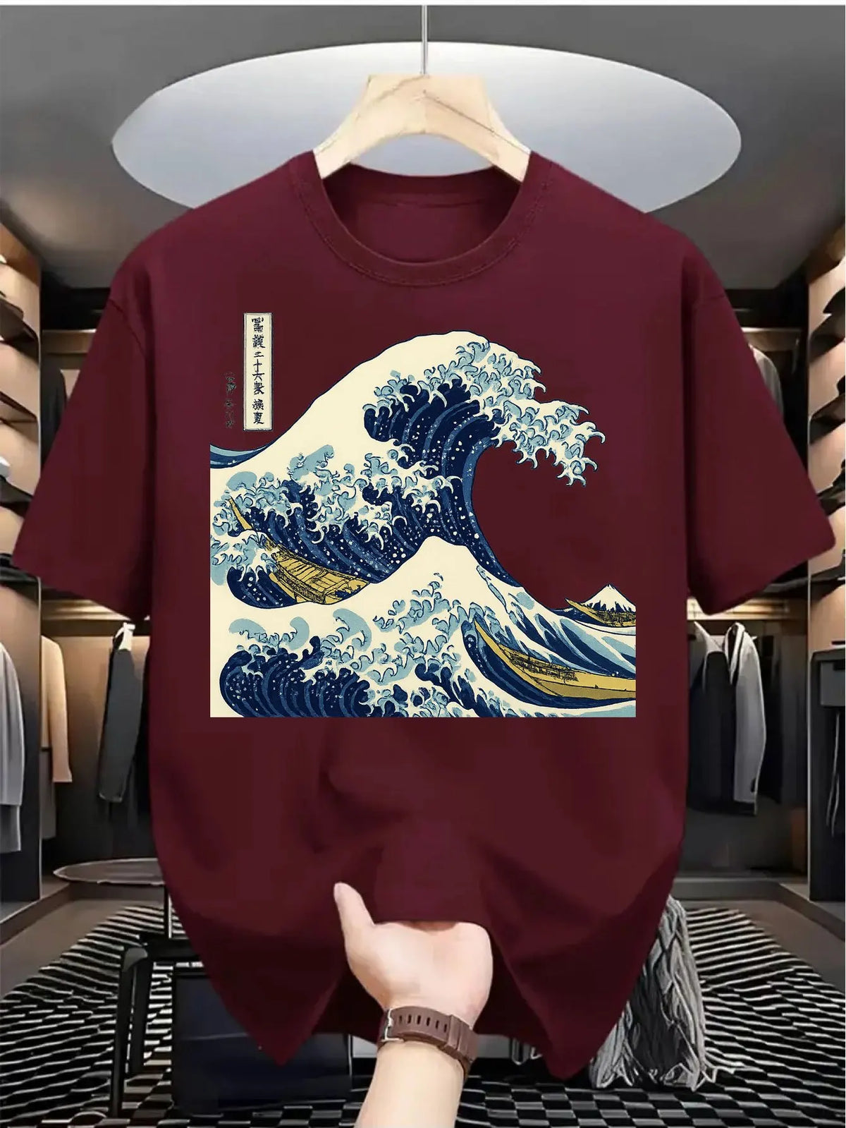 Men's Summer Pure Cotton Casual Loose Kanagawa Surfing Art Print Comfortable Sports Round Neck Short Sleeved T-Shirt Top