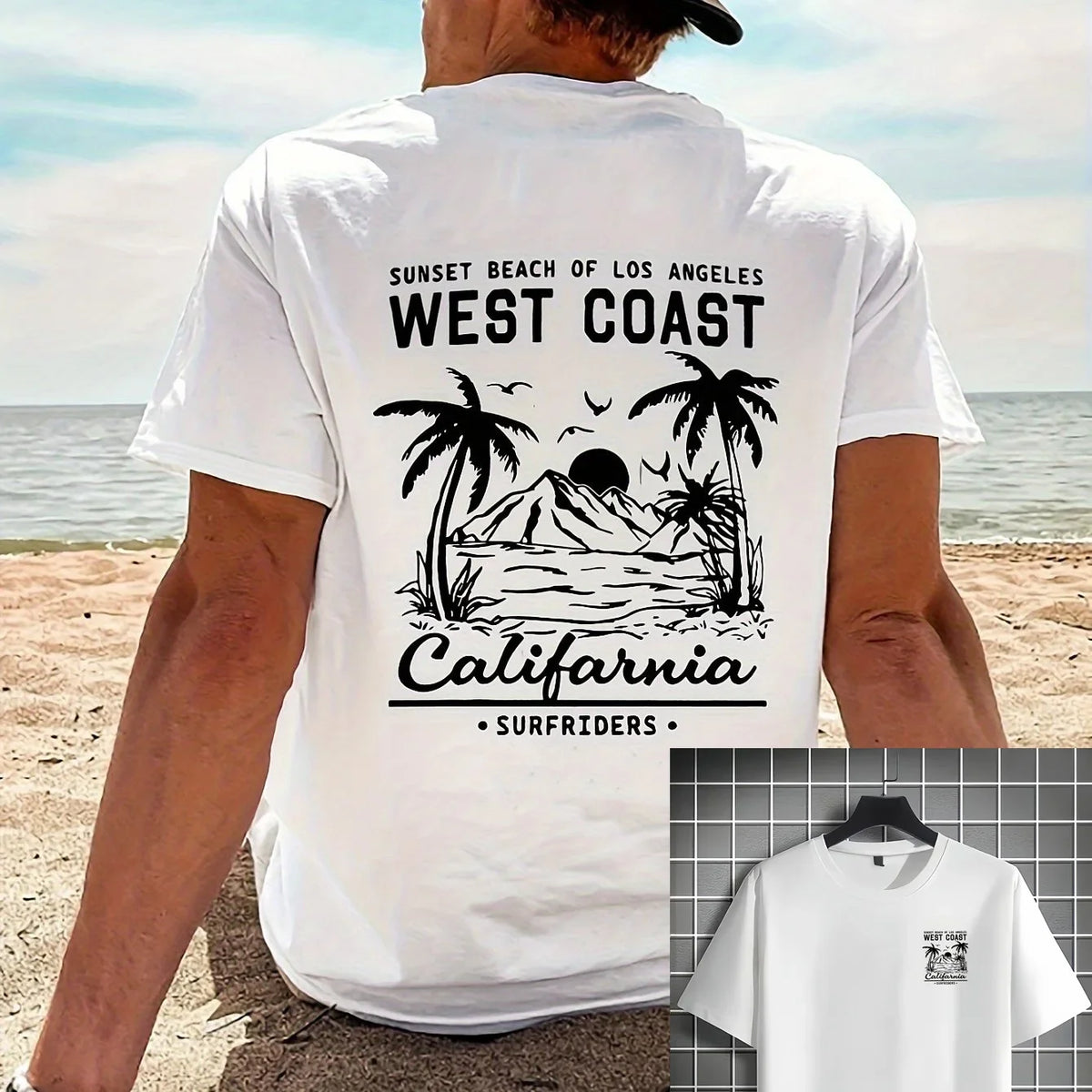 Men's Cotton Casual Loose Retro California Beach Surfing Pattern Printed Round Neck Short Sleeved T-shirt Top