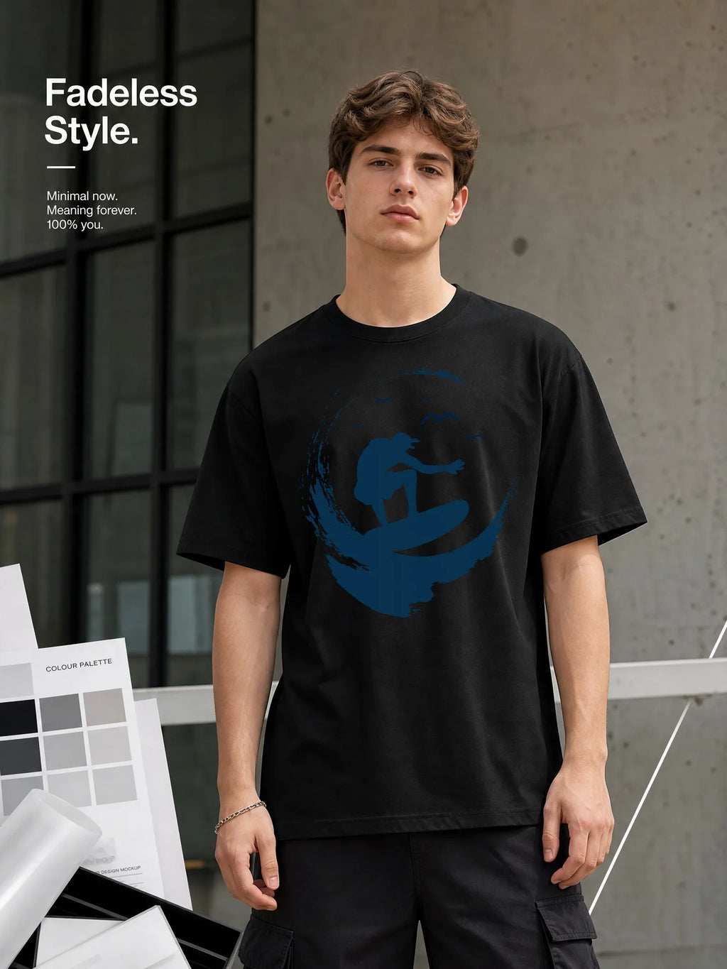 Men's White Loose-Fitting Round-Neck Short-Sleeved T-Shirt with Surf Pattern Print, Casual Street Style, Breathable and Comfortable for Everyday Wear and Beach Outings