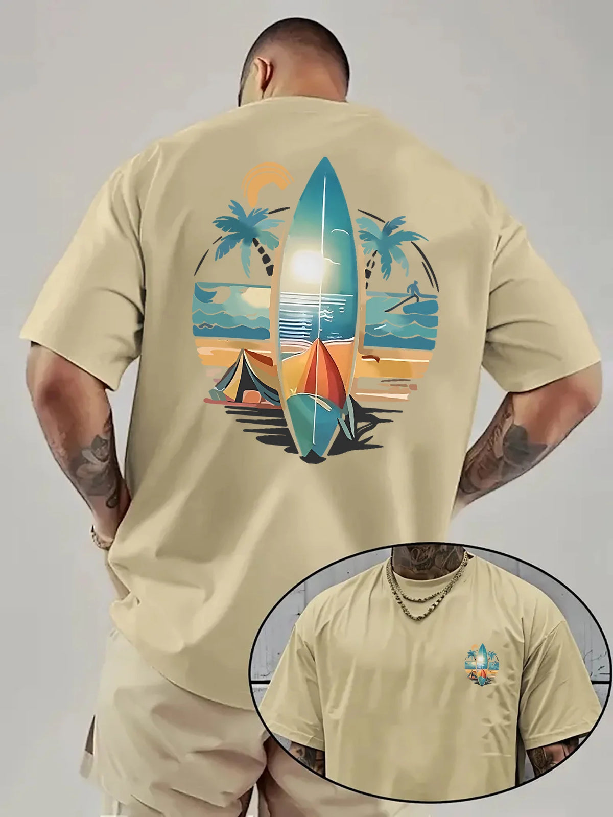 Men's Casual Short-Sleeve T-Shirt, 100% Cotton, Printed Surfboard Pattern, Trendy Loose Crew Neck T-Shirt