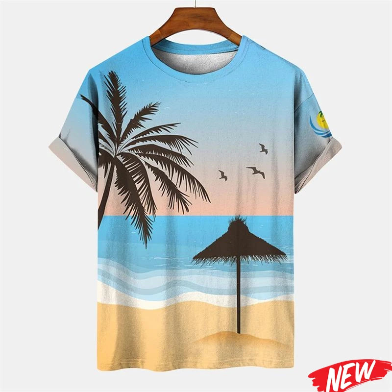 New Palm Tree Graphic Men's T-shirt Hawaiian Summer Beach T Shirt Casual Round Neck Short Sleeve Tops Street Loose Tee Shirts