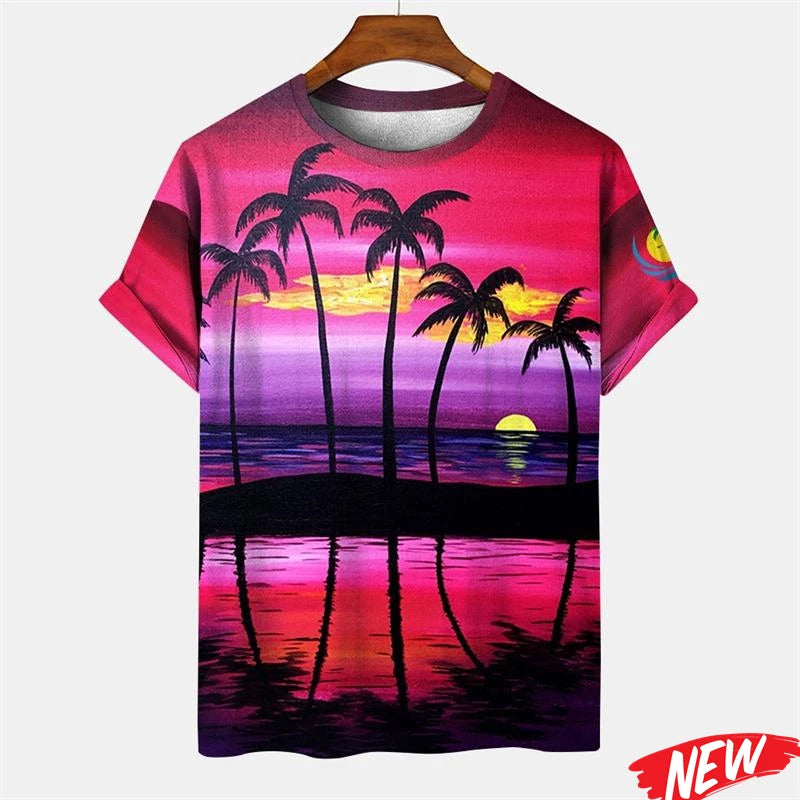 New Palm Tree Graphic Men's T-shirt Hawaiian Summer Beach T Shirt Casual Round Neck Short Sleeve Tops Street Loose Tee Shirts