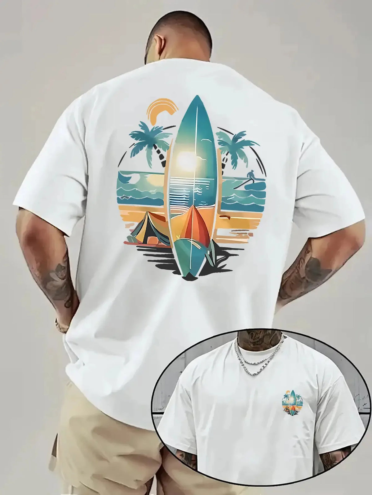 Men's Casual Short-Sleeve T-Shirt, 100% Cotton, Printed Surfboard Pattern, Trendy Loose Crew Neck T-Shirt