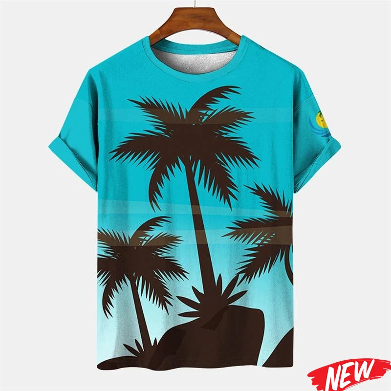 New Palm Tree Graphic Men's T-shirt Hawaiian Summer Beach T Shirt Casual Round Neck Short Sleeve Tops Street Loose Tee Shirts
