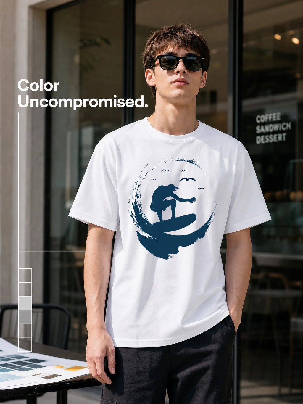 Men's White Loose-Fitting Round-Neck Short-Sleeved T-Shirt with Surf Pattern Print, Casual Street Style, Breathable and Comfortable for Everyday Wear and Beach Outings