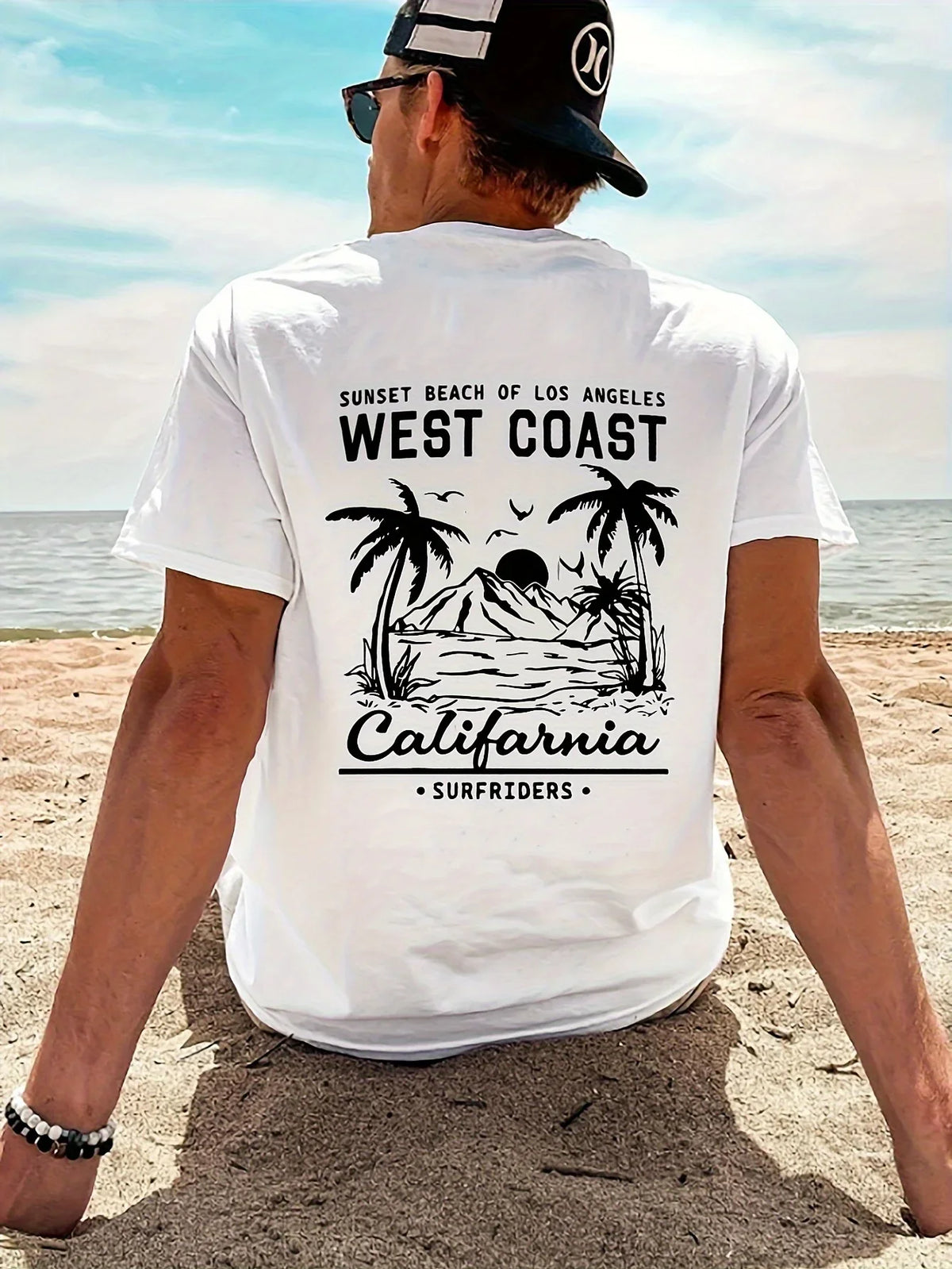Men's Cotton Casual Loose Retro California Beach Surfing Pattern Printed Round Neck Short Sleeved T-shirt Top