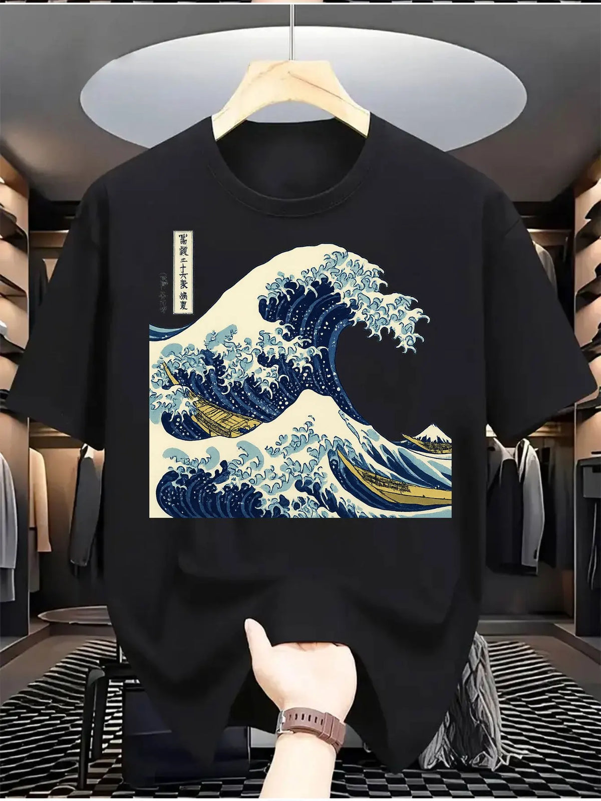 Men's Summer Pure Cotton Casual Loose Kanagawa Surfing Art Print Comfortable Sports Round Neck Short Sleeved T-Shirt Top