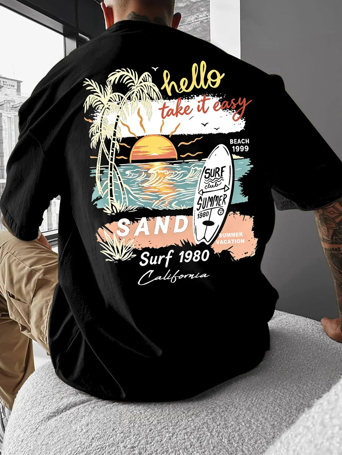 Men California Surf T Shirt Cotton Sunset Palm Tree Beach Graphic Print Oversized Vintage Streetwear Casual Short Sleeve Tee